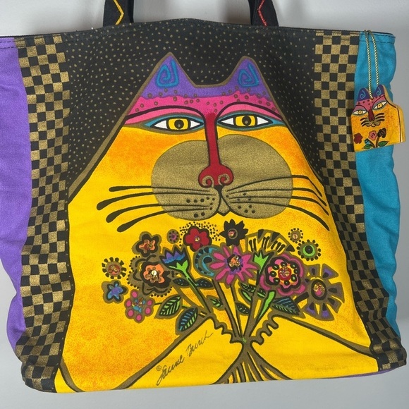 Vintage Laurel Burch Cat With Bouquet of Flowers Tote Bag - Picture 3 of 9